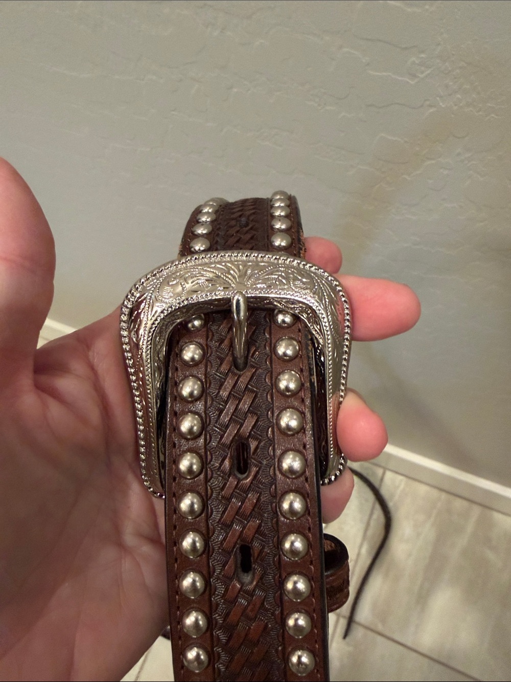 Men's Brown Studded Braided Leather Belt with Decorative Silver Buckle